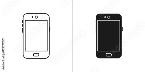 Two icons of a smartphone, one outlined and one solid black
