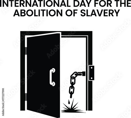 Symbolic black illustration for International Day for the Abolition of Slavery with open door