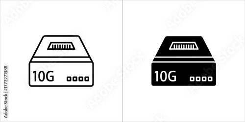 Two icons of a 10g network interface card, one in outline and one in solid black