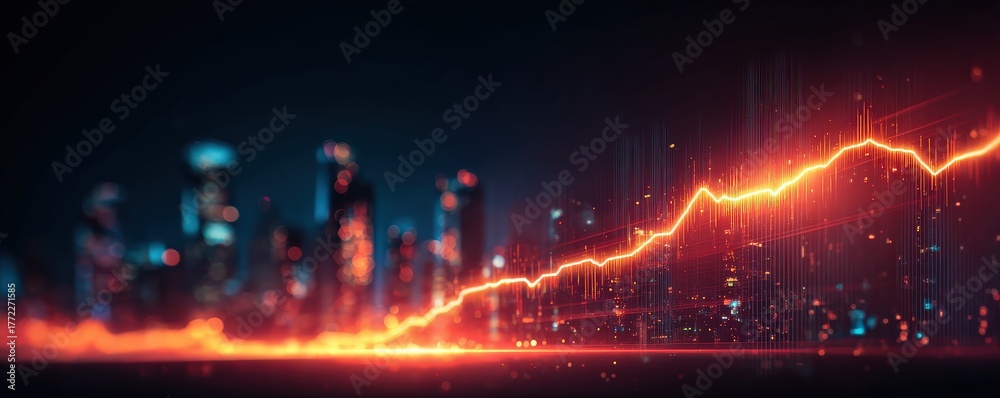 Fototapeta premium A vibrant city skyline with a glowing upward trend line, symbolizing growth and progress in a digital landscape.