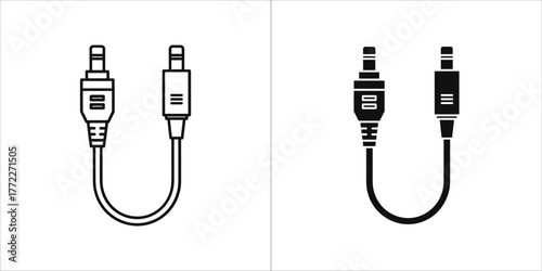 Set of two icons outline and filled audio cable with 35mm jack connectors