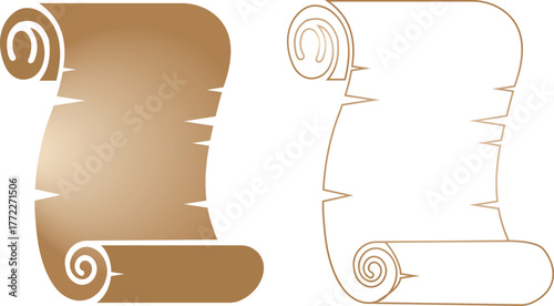 Old scroll paper icon set, antique parchment, vintage manuscript, and rolled document collection, ancient writing and medieval paper group in black, flat, line, and gradient style vector illustration