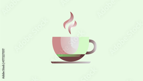 Minimalist coffee cup vector illustration with soft pastel gradient colors on a light background. This modern flat design shows a steaming cup of hot coffee, perfect for café branding, morning beverag