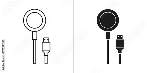 Set of two icons outline and filled smartwatch charger with usb cable