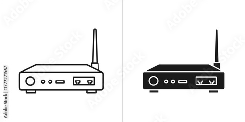 Set of two icons outline and filled wireless router with antenna