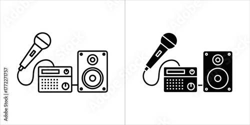 Line art and silhouette of a microphone, amplifier, and speaker
