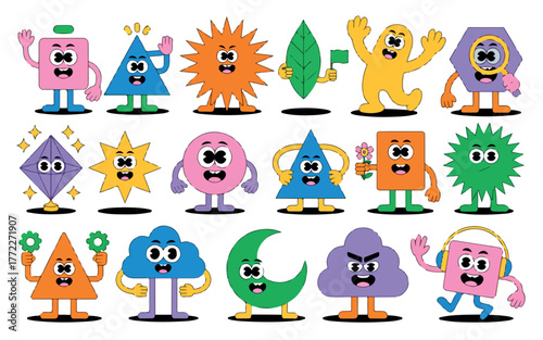 Abstract characters. Geometric comic creature emotions. Funny face business team avatar with magnifier, light bulb and megafon, vector set