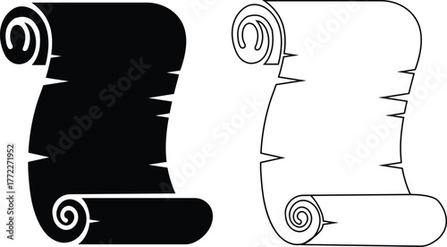 Old scroll paper icon set, antique parchment, vintage manuscript, and rolled document collection, ancient writing and medieval paper group in black, flat, line, and gradient style vector illustration