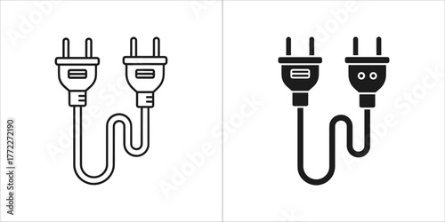 Two electrical plugs connected by a cord, one in outline and one filled