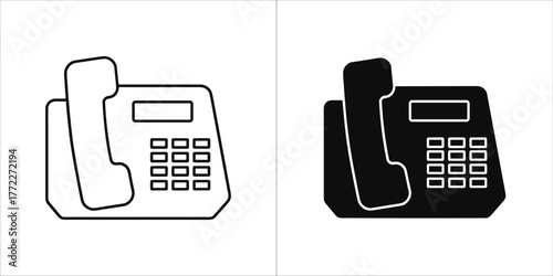 Black and white outline icons of a corded telephone