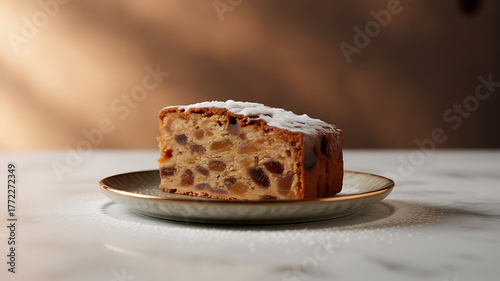 A slice of fruitcake dusted with powdered sugar on a plate, set on a marble surface with warm lighting.