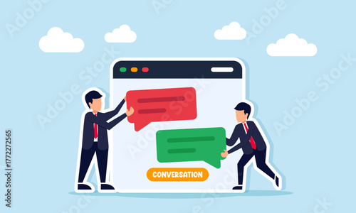 Two businessmen holding chat bubbles near a conversation app interface illustration of digital negotiation and business collaboration