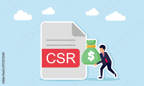Businessman carrying a money bag near a document labeled CSR illustration of company social responsibility in business