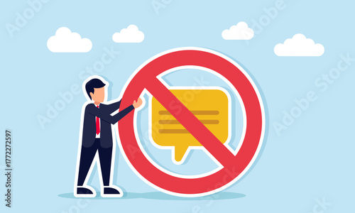 Businessman placing a dont sign on a chat bubble illustration of rejecting argument or suggestion in business discussion