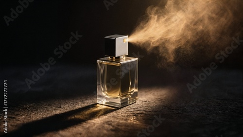 Perfume bottle with golden mist on dark background