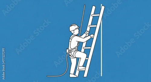 Man climbing ladder safety harness fall protection construction worker risk assessment occupational safety training