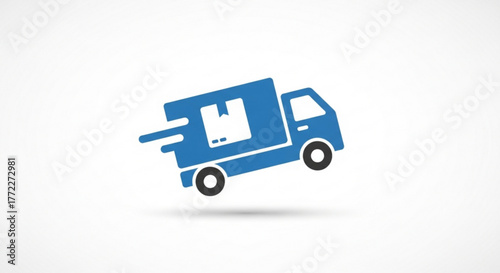 Blue delivery truck vector for fast shipping and logistics company service with package and wheels design