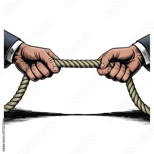 Illustration of two hands pulling a rope in a tug of war, , symbolizing competition, conflict, and the struggle for power