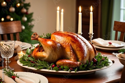 Festive roasted turkey on a Christmas holiday
