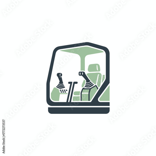 Illustration of an excavator cab interior with controls and a seat