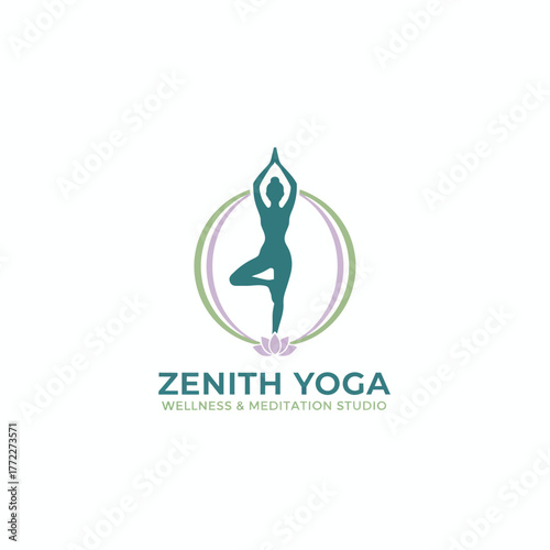 A woman in a tree pose within a circle, representing yoga. Text states a wellness and meditation studio