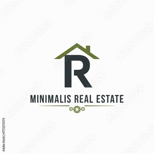 A house-shaped roof tops a capital 'R', with business name below, and two gears under a line