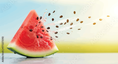 Fresh watermelon slice with splashing water and seeds against a bright background