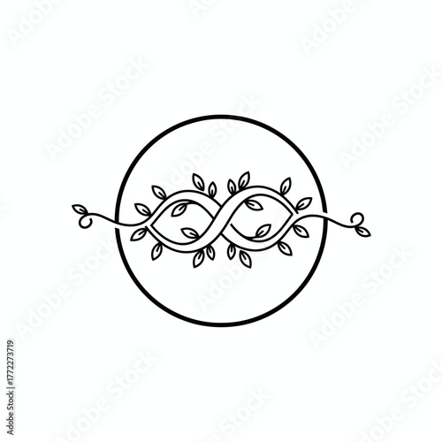 A stylized botanical design featuring an infinity symbol interwoven with leafy vines and enclosed in a circle