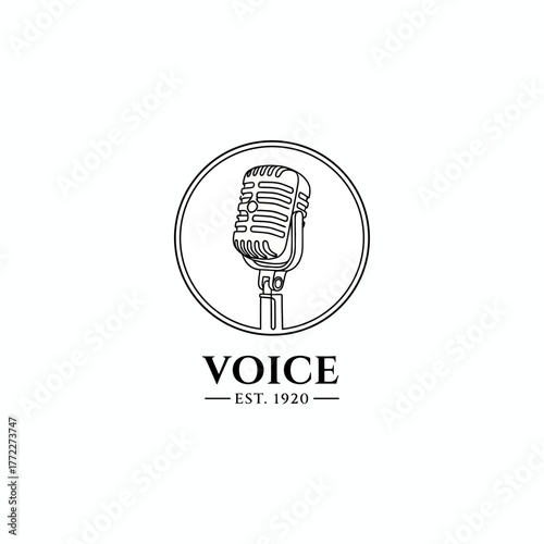 A vintage microphone illustration inside a circle, text "VOICE" below, along with "EST. 1920