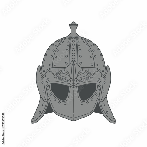 A frontal view of a metallic, detailed helmet, showing ornate detailing and riveted construction