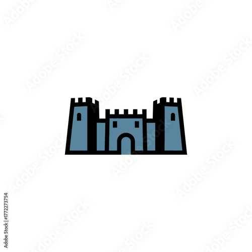 A simplified, stylized illustration of a medieval castle with crenellations and arched doorway