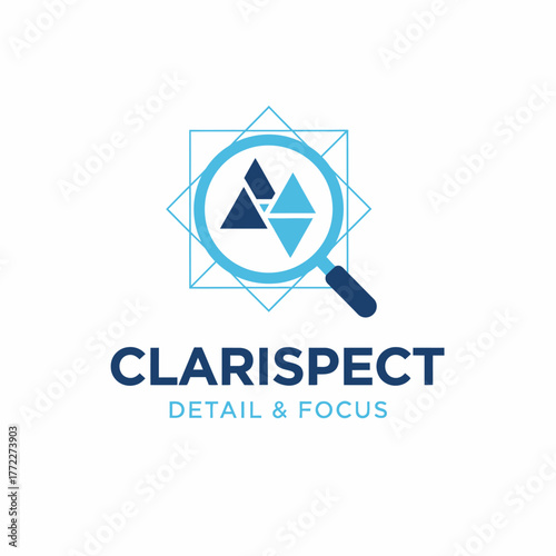 A blue and white logo features shapes and a magnifying glass, along with a textual component