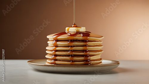 Stack of pancakes with syrup and butter being poured on top