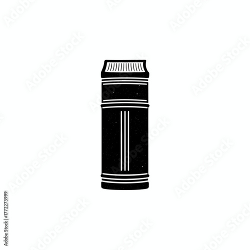 Black and white illustration of a tall cylindrical object with a ribbed top, clean lines