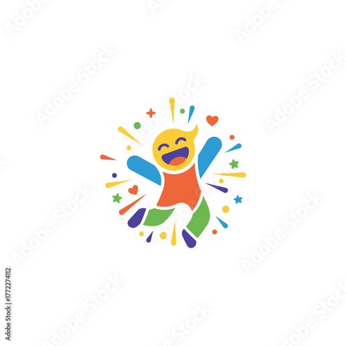A jubilant figure jumps amidst colorful bursts, hearts, and stars against a bright white backdrop