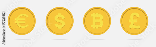 Financial sign. Symbols of currency represented as coins, showcasing euro, dollar, bitcoin, and pound. Vector illustration