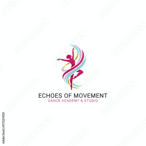 Colorful logo featuring a dancing figure with flowing ribbons against white background