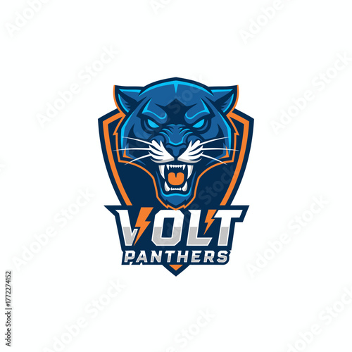 A fierce panther head design with glowing blue eyes, sharp teeth, and a shield shape background