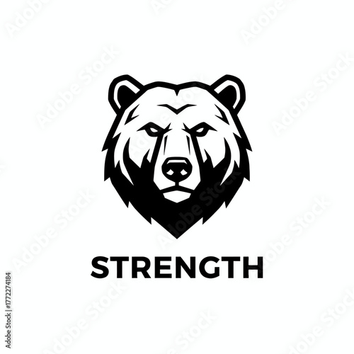 A monochrome illustration of a fierce bear's head with "STRENGTH" below it, set against white