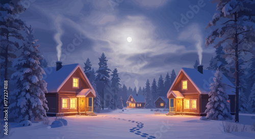 Cozy cabins glow warmly in a snowy winter landscape under a full moon at night