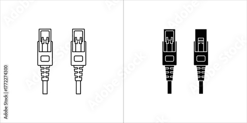 Two types of network cable connectors, one outlined and one solid black