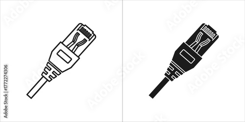 Two icon style illustrations of an ethernet connector, one in outline and one in solid black