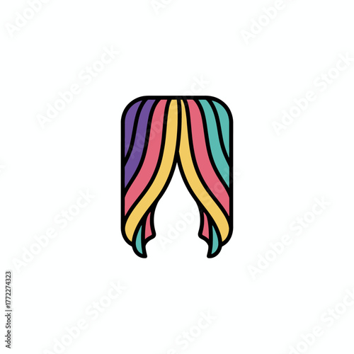 A stylized illustration depicting a vibrant curtain design, with rounded edges and striped colorful details