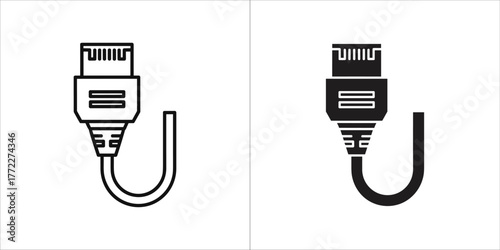 Set of two icons representing a network cable connector, one outlined and one solid black
