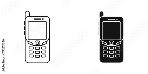 Set of two icons representing an old mobile phone, one outlined and one solid black