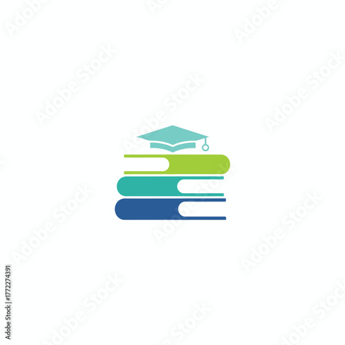 A stack of colorful books with a graduation cap on top in a minimalistic, elegant design