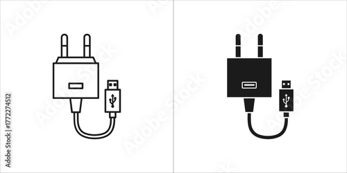 Two icons of a usb power adapter and cable, one in outline and one in solid black