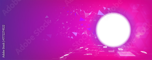 Futuristic pink technology background with glowing circle and abstract digital network, modern neon design concept for innovation, AI, and digital transformation themes.