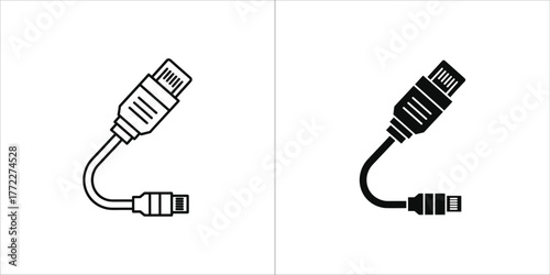 Two icons of a network cable connector, one in outline and one in solid black