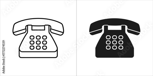 Two icons of a vintage telephone, one in outline and one in solid black